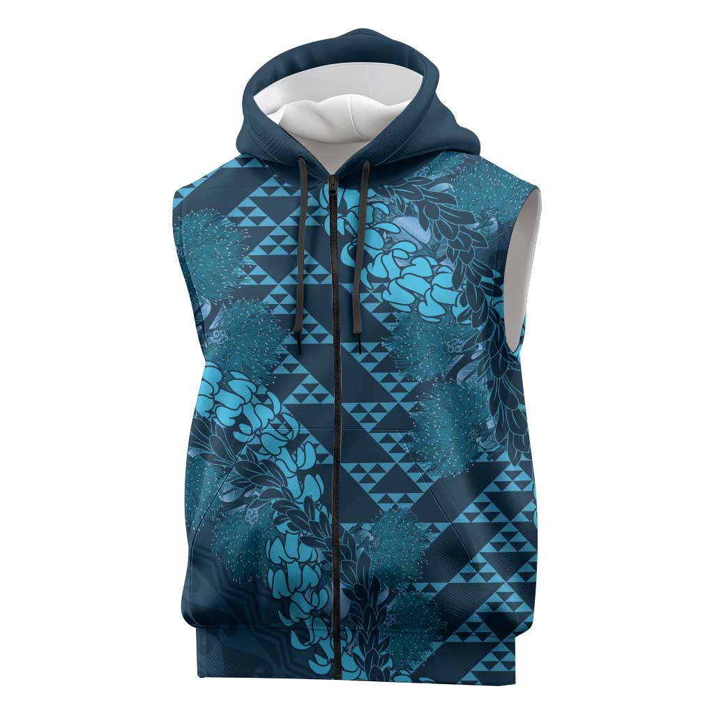 Naval Night Aloha Hawaii Sleeveless Zip Hoodie Hawaiian Kakau Ohia Lehua Lei - Polynesian Pride