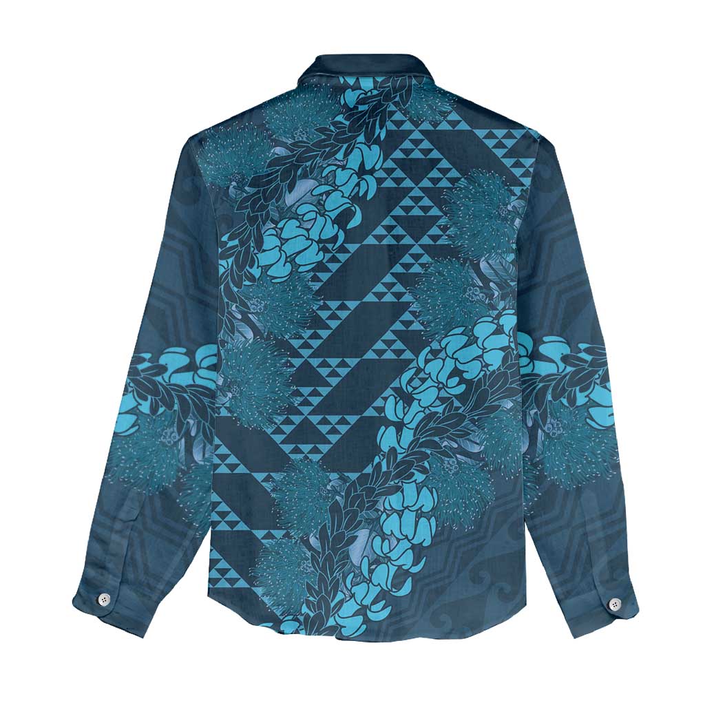 Naval Night Aloha Hawaii Women Casual Shirt Hawaiian Kakau Ohia Lehua Lei - Polynesian Pride