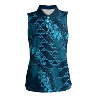Naval Night Aloha Hawaii Women Sleeveless Polo Shirt Hawaiian Kakau Ohia Lehua Lei LT14 Female Blue - Polynesian Pride