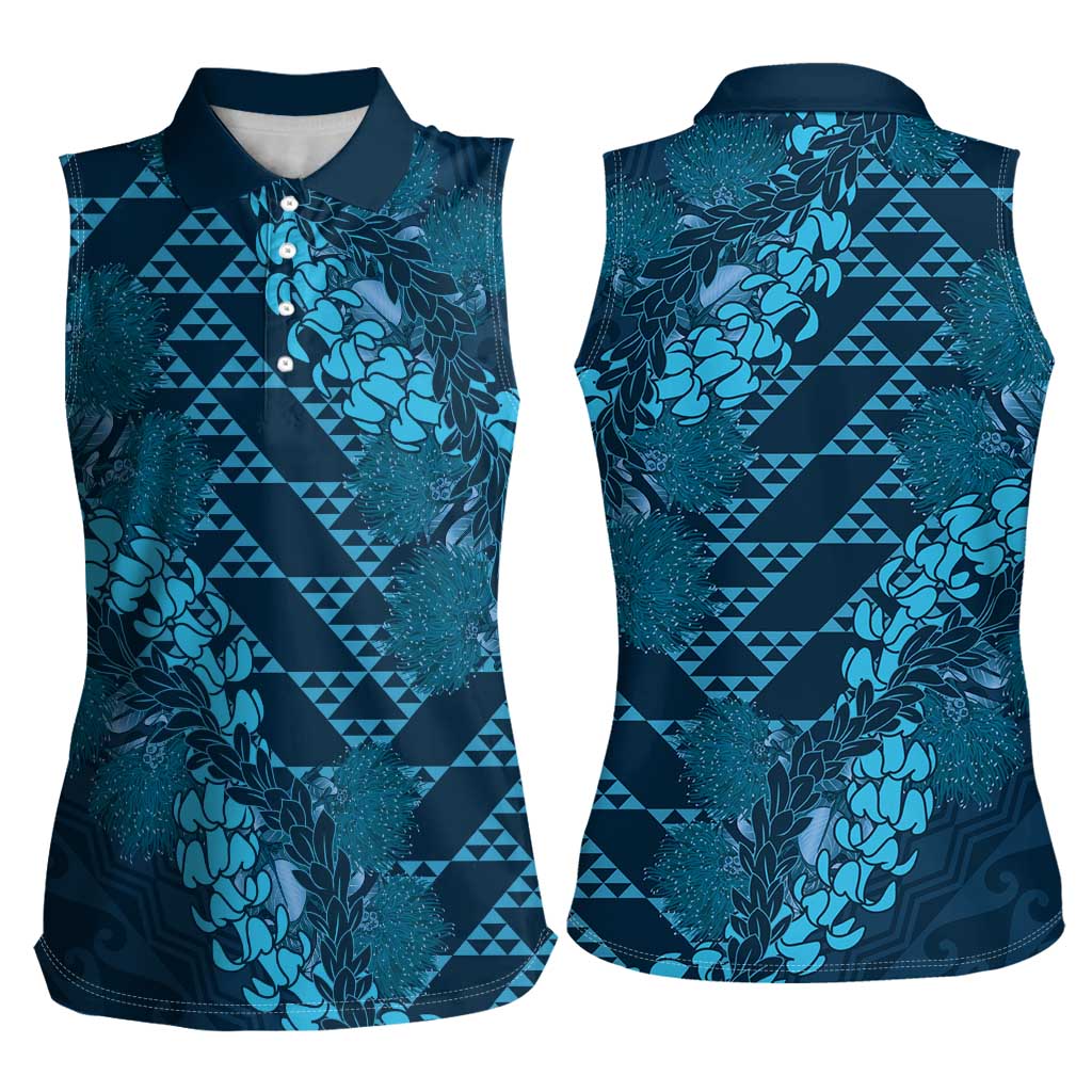 Naval Night Aloha Hawaii Women Sleeveless Polo Shirt Hawaiian Kakau Ohia Lehua Lei LT14 - Polynesian Pride