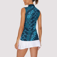 Naval Night Aloha Hawaii Women Sleeveless Polo Shirt Hawaiian Kakau Ohia Lehua Lei LT14 - Polynesian Pride