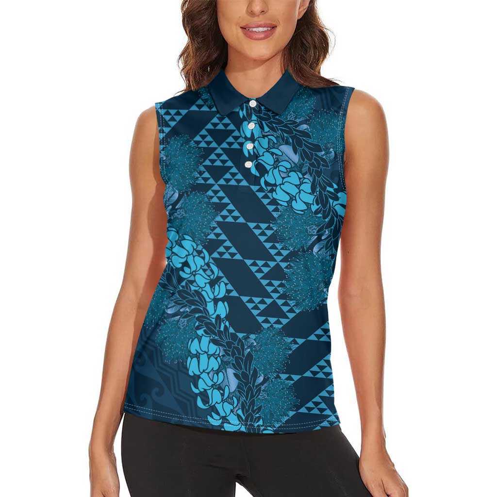 Naval Night Aloha Hawaii Women Sleeveless Polo Shirt Hawaiian Kakau Ohia Lehua Lei LT14 - Polynesian Pride