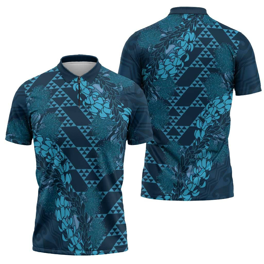 Naval Night Aloha Hawaii Zipper Polo Shirt Hawaiian Kakau Ohia Lehua Lei - Polynesian Pride