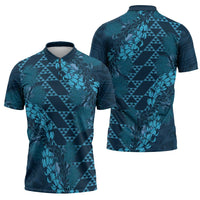 Naval Night Aloha Hawaii Zipper Polo Shirt Hawaiian Kakau Ohia Lehua Lei - Polynesian Pride