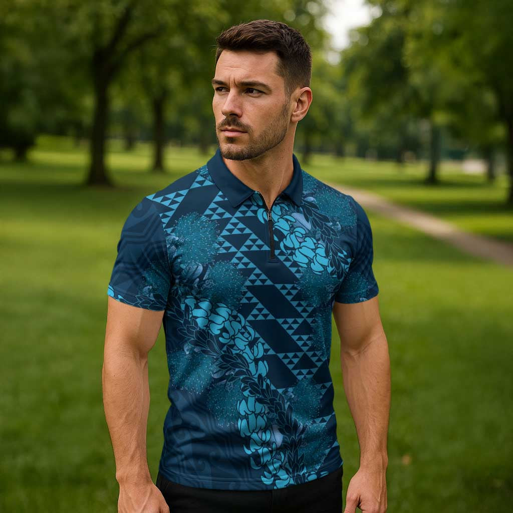 Naval Night Aloha Hawaii Zipper Polo Shirt Hawaiian Kakau Ohia Lehua Lei - Polynesian Pride