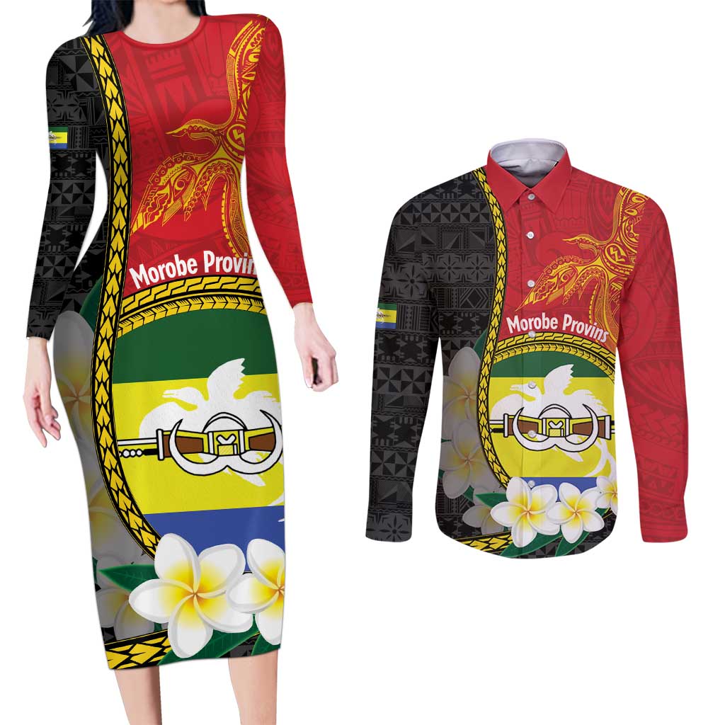 Personalised PNG Morobe Provins Couples Matching Long Sleeve Bodycon Dress and Long Sleeve Button Shirt Papua New Guinea Plumeria Melanesian Pattern LT14 Red - Polynesian Pride