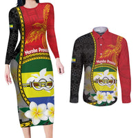 Personalised PNG Morobe Provins Couples Matching Long Sleeve Bodycon Dress and Long Sleeve Button Shirt Papua New Guinea Plumeria Melanesian Pattern LT14 Red - Polynesian Pride
