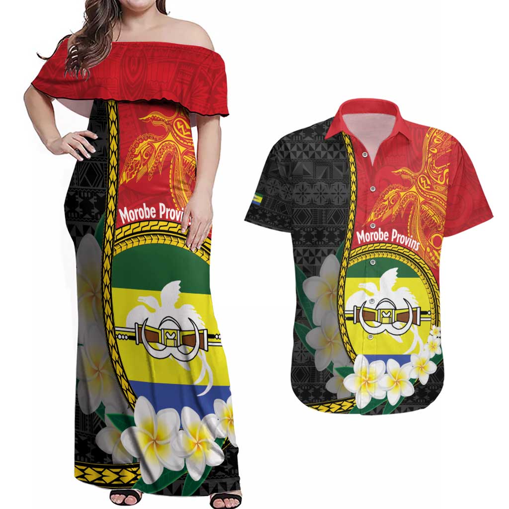 Personalised PNG Morobe Provins Couples Matching Off Shoulder Maxi Dress and Hawaiian Shirt Papua New Guinea Plumeria Melanesian Pattern LT14 Red - Polynesian Pride