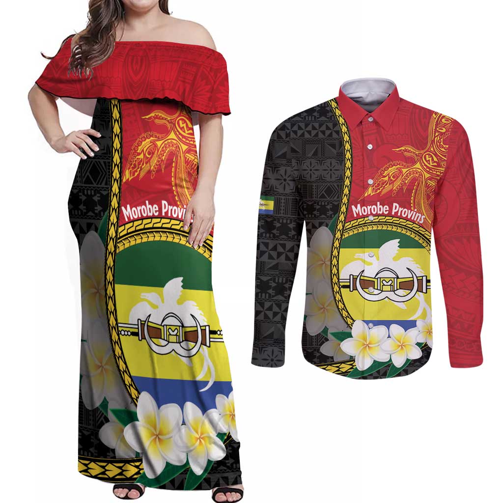 Personalised PNG Morobe Provins Couples Matching Off Shoulder Maxi Dress and Long Sleeve Button Shirt Papua New Guinea Plumeria Melanesian Pattern LT14 Red - Polynesian Pride