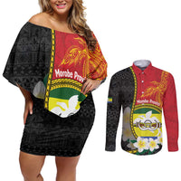 Personalised PNG Morobe Provins Couples Matching Off Shoulder Short Dress and Long Sleeve Button Shirt Papua New Guinea Plumeria Melanesian Pattern LT14 Red - Polynesian Pride