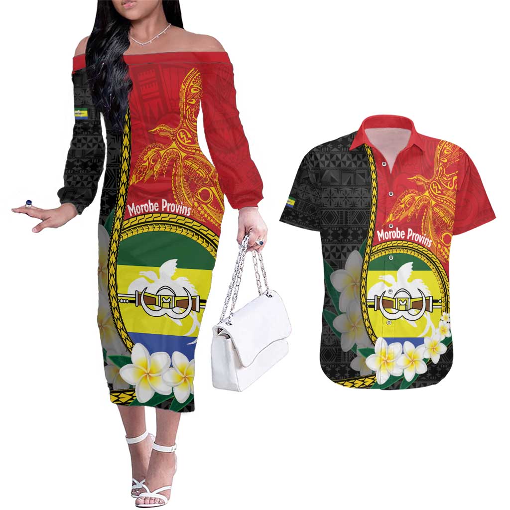 Personalised PNG Morobe Provins Couples Matching Off The Shoulder Long Sleeve Dress and Hawaiian Shirt Papua New Guinea Plumeria Melanesian Pattern LT14 Red - Polynesian Pride