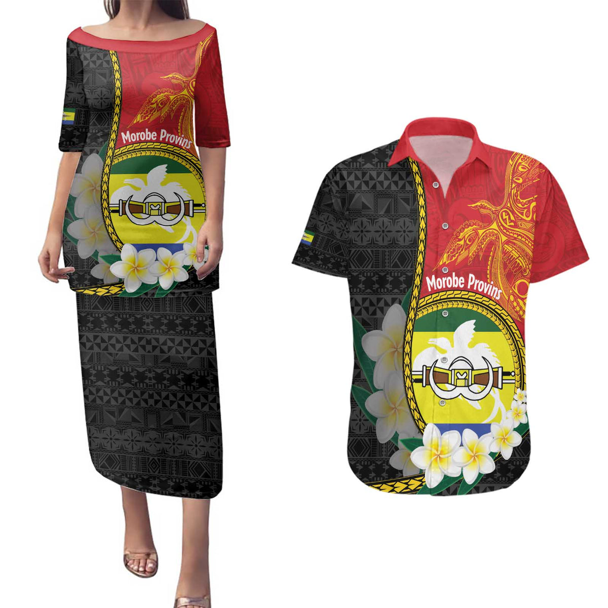 Personalised PNG Morobe Provins Couples Matching Puletasi and Hawaiian Shirt Papua New Guinea Plumeria Melanesian Pattern LT14 Red - Polynesian Pride