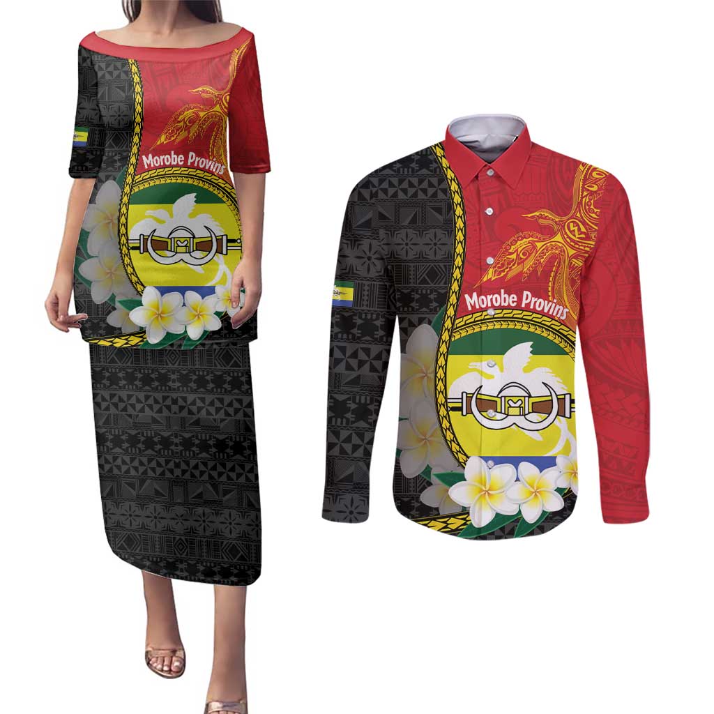 Personalised PNG Morobe Provins Couples Matching Puletasi and Long Sleeve Button Shirt Papua New Guinea Plumeria Melanesian Pattern - Polynesian Pride