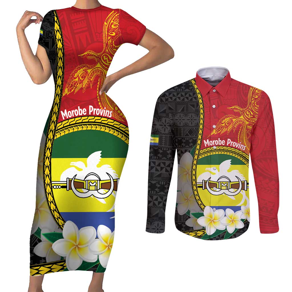 Personalised PNG Morobe Provins Couples Matching Short Sleeve Bodycon Dress and Long Sleeve Button Shirt Papua New Guinea Plumeria Melanesian Pattern LT14 Red - Polynesian Pride