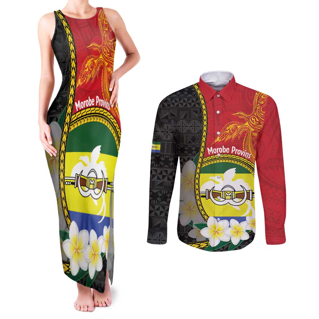 Personalised PNG Morobe Provins Couples Matching Tank Maxi Dress and Long Sleeve Button Shirt Papua New Guinea Plumeria Melanesian Pattern LT14 Red - Polynesian Pride