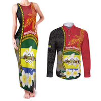 Personalised PNG Morobe Provins Couples Matching Tank Maxi Dress and Long Sleeve Button Shirt Papua New Guinea Plumeria Melanesian Pattern LT14 Red - Polynesian Pride
