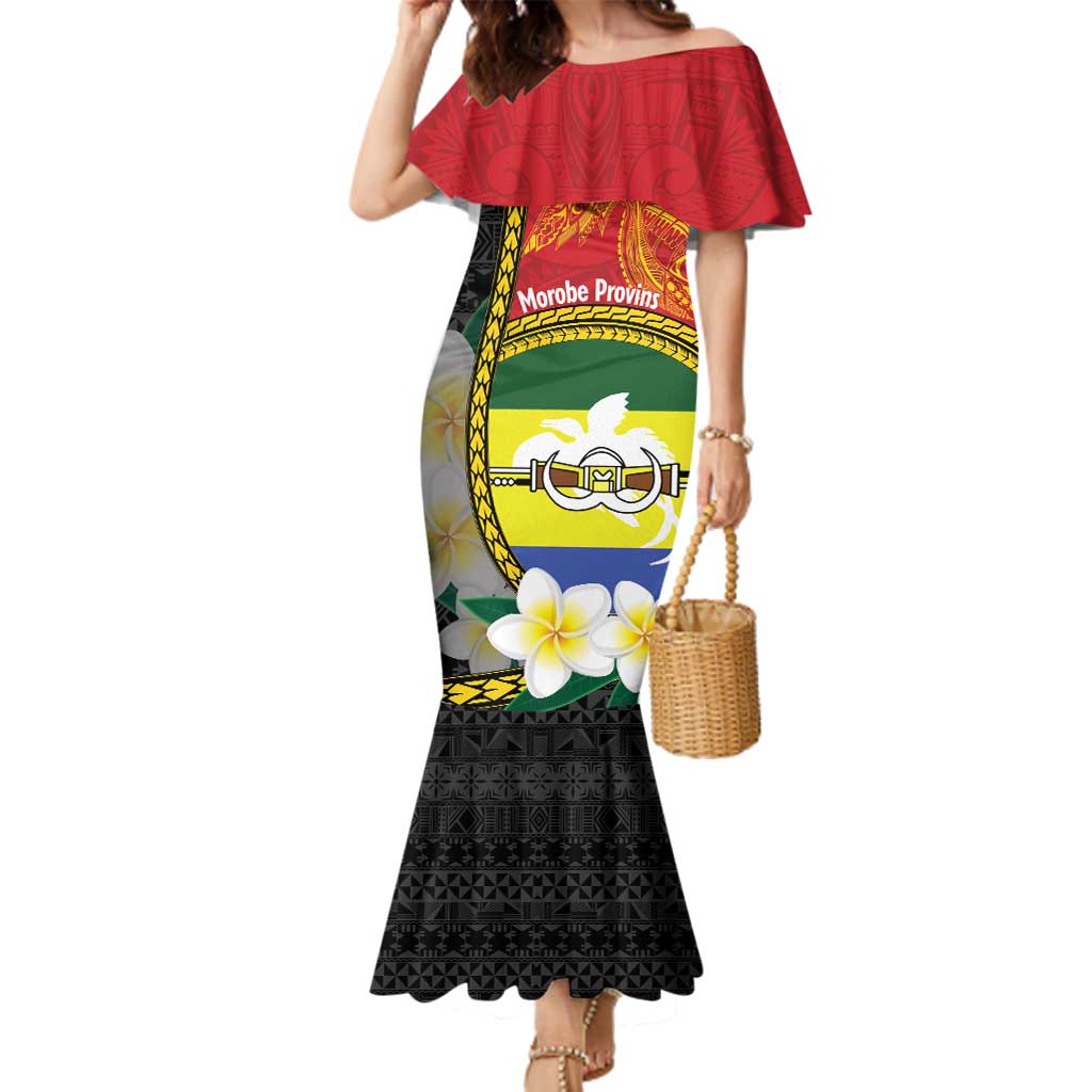 Personalised PNG Morobe Provins Family Matching Mermaid Dress and Hawaiian Shirt Papua New Guinea Plumeria Melanesian Pattern LT14 Mom's Dress Red - Polynesian Pride