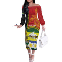Personalised PNG Morobe Provins Family Matching Off The Shoulder Long Sleeve Dress and Hawaiian Shirt Papua New Guinea Plumeria Melanesian Pattern LT14 Mom's Dress Red - Polynesian Pride