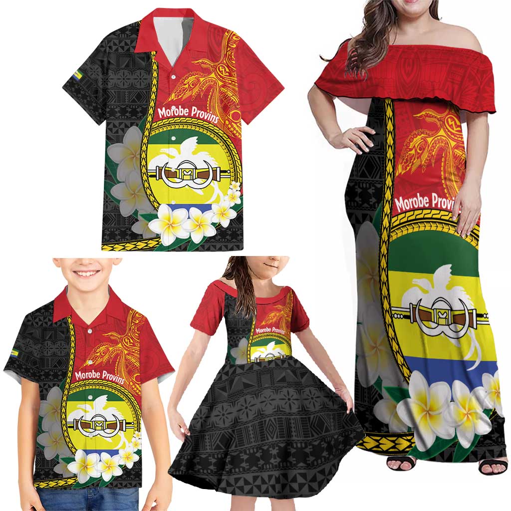 Personalised PNG Morobe Provins Family Matching Off Shoulder Maxi Dress and Hawaiian Shirt Papua New Guinea Plumeria Melanesian Pattern LT14 - Polynesian Pride