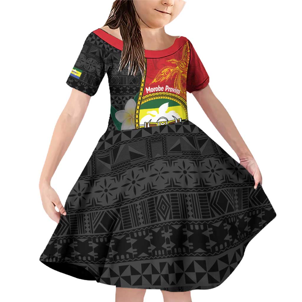 Personalised PNG Morobe Provins Family Matching Off Shoulder Short Dress and Hawaiian Shirt Papua New Guinea Plumeria Melanesian Pattern LT14 Daughter's Dress Red - Polynesian Pride