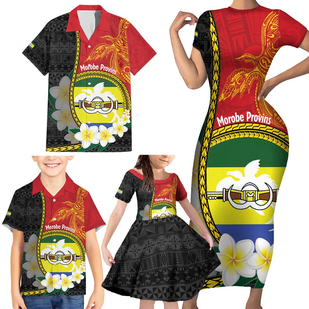 Personalised PNG Morobe Provins Family Matching Short Sleeve Bodycon Dress and Hawaiian Shirt Papua New Guinea Plumeria Melanesian Pattern LT14 - Polynesian Pride