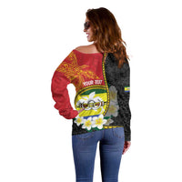 Personalised PNG Morobe Provins Off Shoulder Sweater Papua New Guinea Plumeria Melanesian Pattern - Polynesian Pride