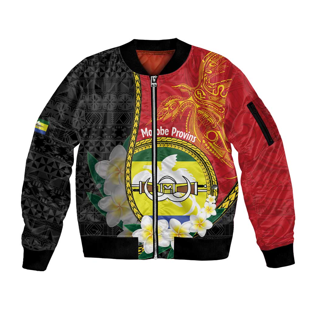 Personalised PNG Morobe Provins Sleeve Zip Bomber Jacket Papua New Guinea Plumeria Melanesian Pattern LT14 Unisex Red - Polynesian Pride