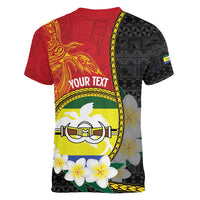 Personalised PNG Morobe Provins Women V-Neck T-Shirt Papua New Guinea Plumeria Melanesian Pattern LT14 - Polynesian Pride