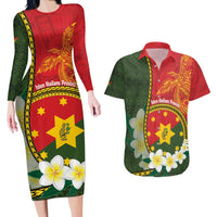 Personalised PNG Isten Hailans Provins Couples Matching Long Sleeve Bodycon Dress and Hawaiian Shirt Papua New Guinea Plumeria Melanesian Pattern LT14 Green - Polynesian Pride