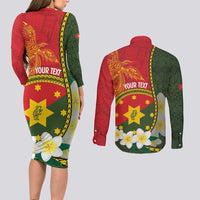 Personalised PNG Isten Hailans Provins Couples Matching Long Sleeve Bodycon Dress and Long Sleeve Button Shirt Papua New Guinea Plumeria Melanesian Pattern LT14 - Polynesian Pride