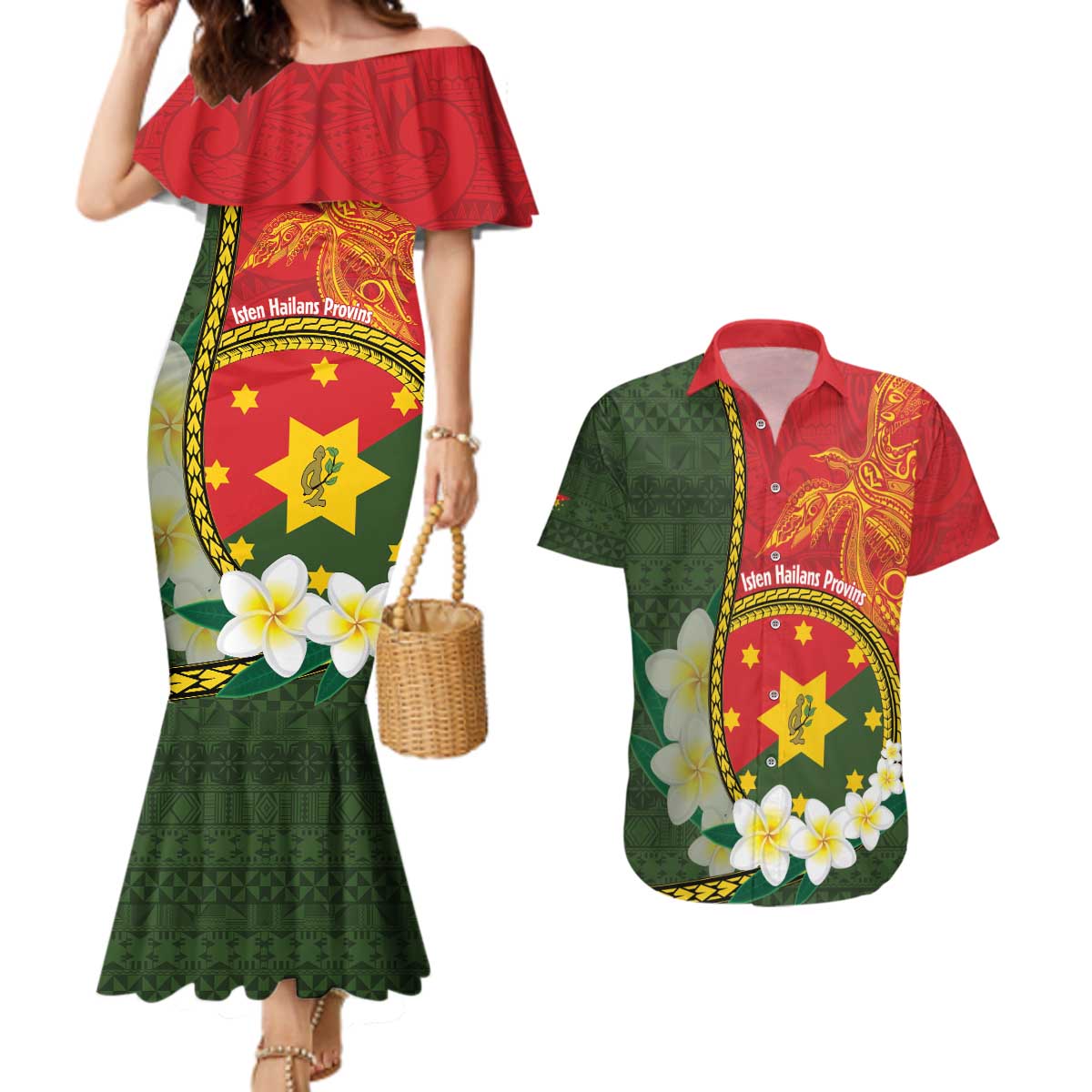 Personalised PNG Isten Hailans Provins Couples Matching Mermaid Dress and Hawaiian Shirt Papua New Guinea Plumeria Melanesian Pattern - Polynesian Pride
