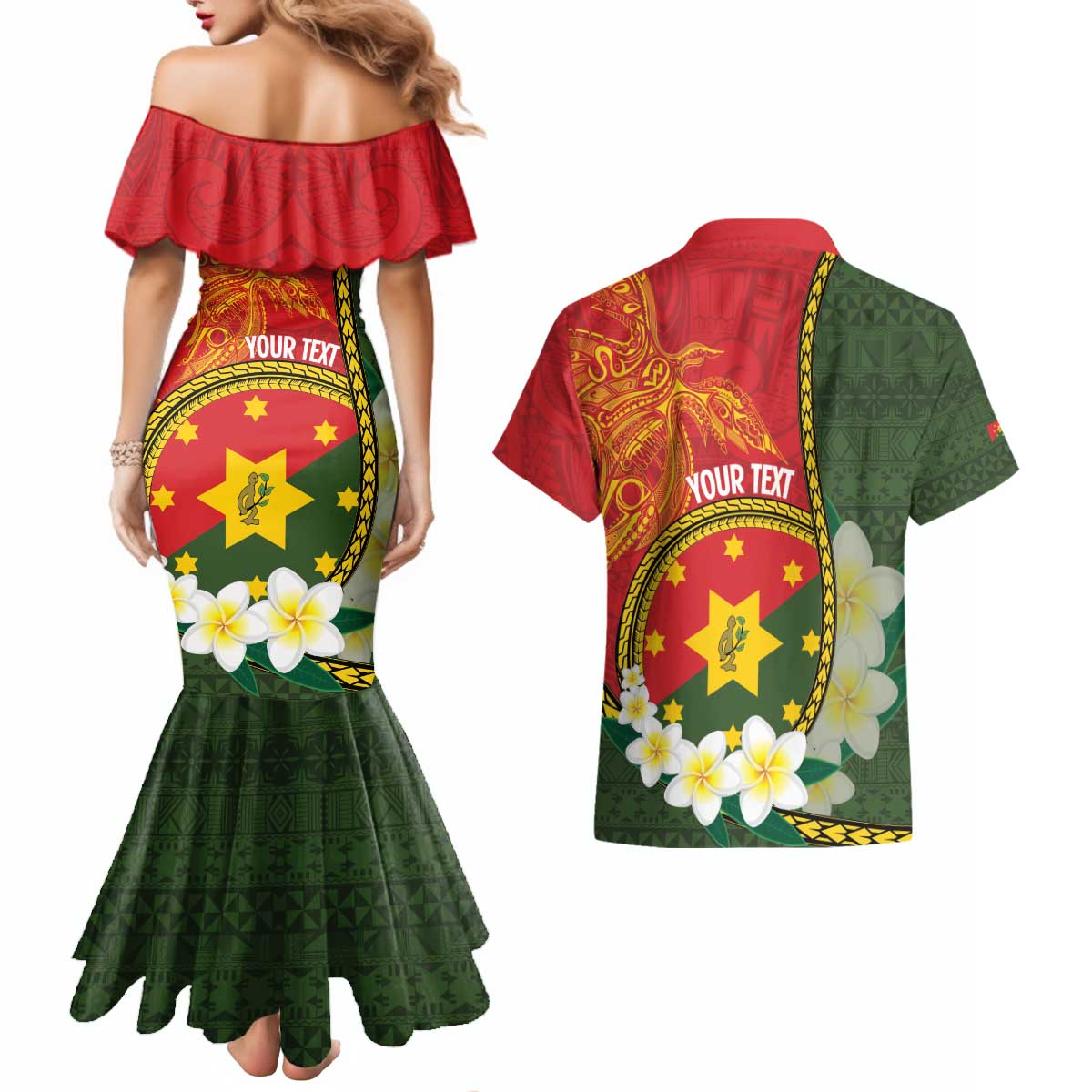 Personalised PNG Isten Hailans Provins Couples Matching Mermaid Dress and Hawaiian Shirt Papua New Guinea Plumeria Melanesian Pattern LT14 - Polynesian Pride