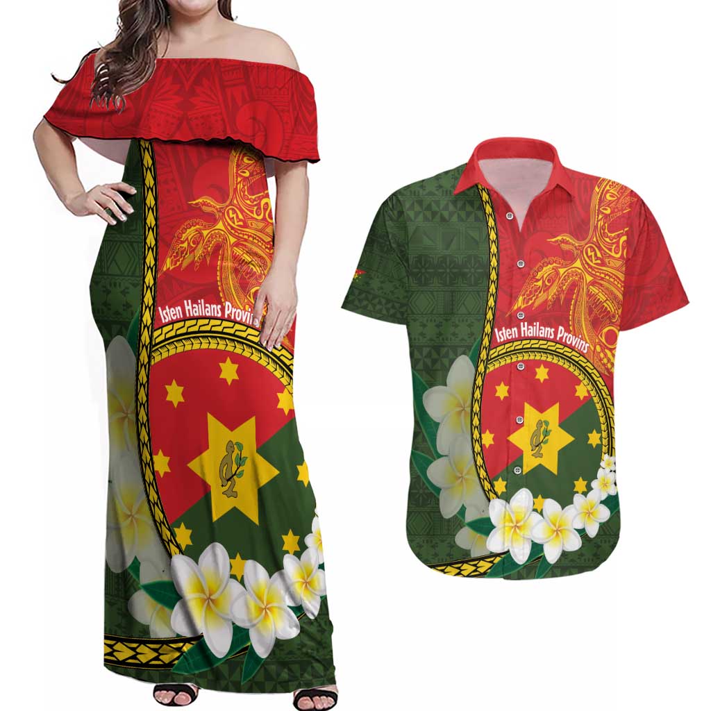 Personalised PNG Isten Hailans Provins Couples Matching Off Shoulder Maxi Dress and Hawaiian Shirt Papua New Guinea Plumeria Melanesian Pattern LT14 Green - Polynesian Pride