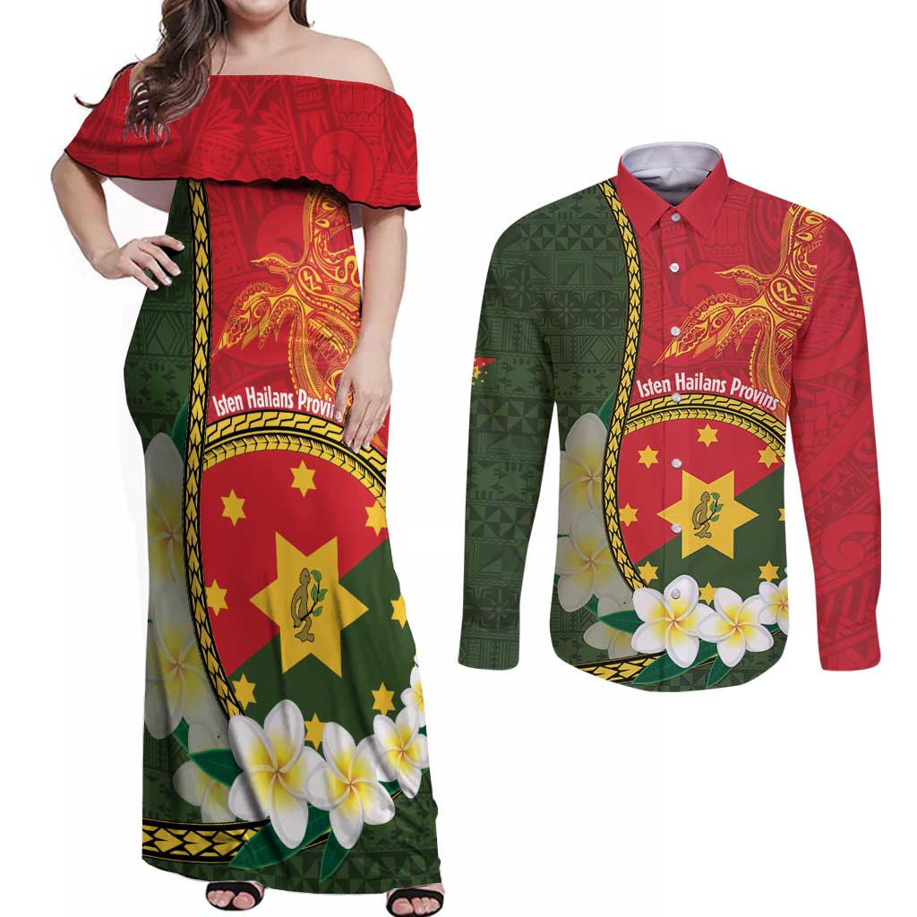 Personalised PNG Isten Hailans Provins Couples Matching Off Shoulder Maxi Dress and Long Sleeve Button Shirt Papua New Guinea Plumeria Melanesian Pattern LT14 Green - Polynesian Pride