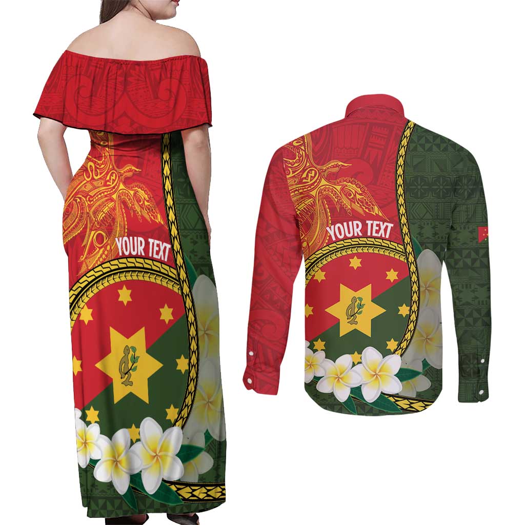 Personalised PNG Isten Hailans Provins Couples Matching Off Shoulder Maxi Dress and Long Sleeve Button Shirt Papua New Guinea Plumeria Melanesian Pattern LT14 - Polynesian Pride