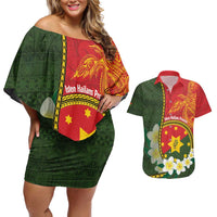 Personalised PNG Isten Hailans Provins Couples Matching Off Shoulder Short Dress and Hawaiian Shirt Papua New Guinea Plumeria Melanesian Pattern LT14 Green - Polynesian Pride