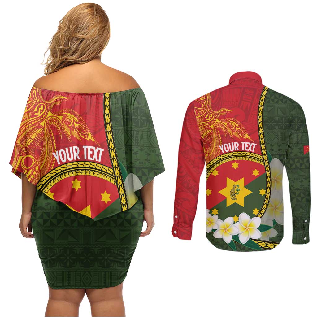Personalised PNG Isten Hailans Provins Couples Matching Off Shoulder Short Dress and Long Sleeve Button Shirt Papua New Guinea Plumeria Melanesian Pattern LT14 - Polynesian Pride