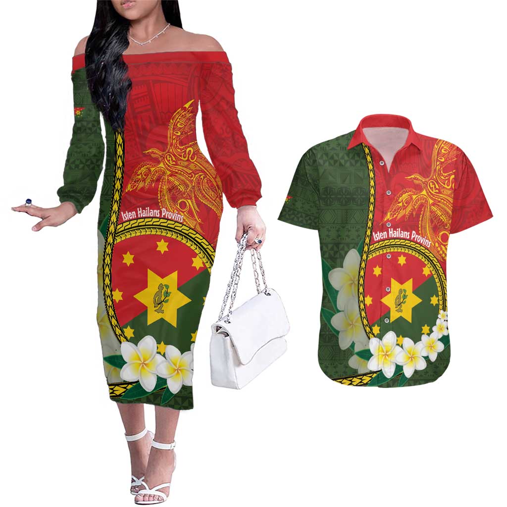 Personalised PNG Isten Hailans Provins Couples Matching Off The Shoulder Long Sleeve Dress and Hawaiian Shirt Papua New Guinea Plumeria Melanesian Pattern LT14 Green - Polynesian Pride