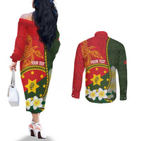 Personalised PNG Isten Hailans Provins Couples Matching Off The Shoulder Long Sleeve Dress and Long Sleeve Button Shirt Papua New Guinea Plumeria Melanesian Pattern LT14 - Polynesian Pride