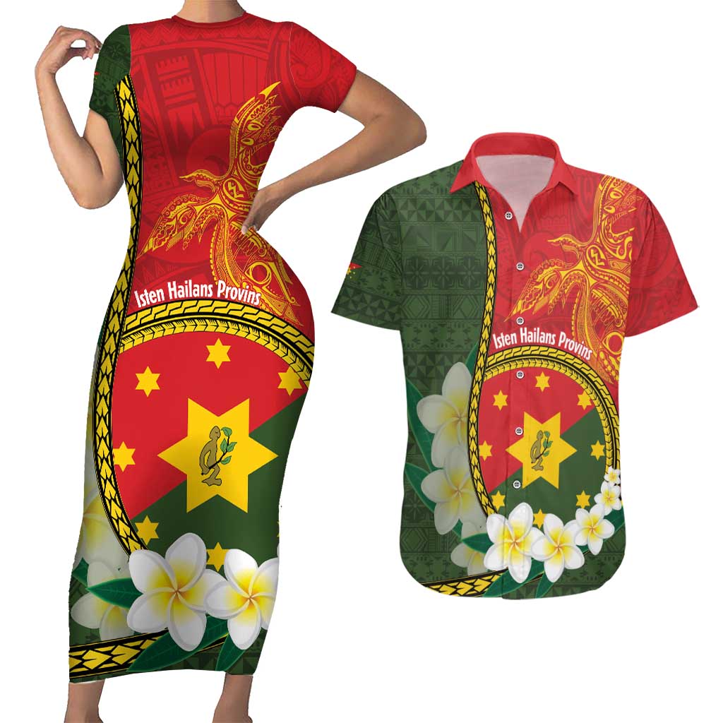 Personalised PNG Isten Hailans Provins Couples Matching Short Sleeve Bodycon Dress and Hawaiian Shirt Papua New Guinea Plumeria Melanesian Pattern LT14 Green - Polynesian Pride
