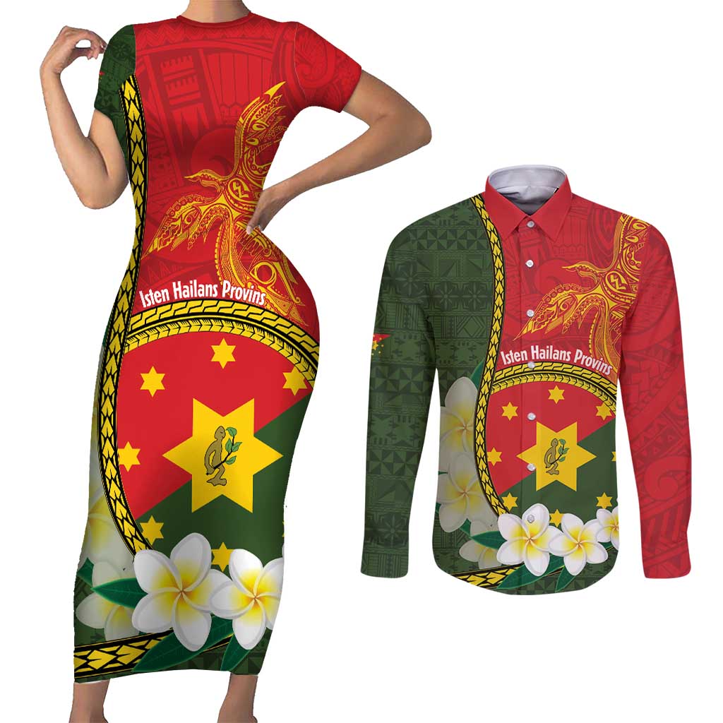 Personalised PNG Isten Hailans Provins Couples Matching Short Sleeve Bodycon Dress and Long Sleeve Button Shirt Papua New Guinea Plumeria Melanesian Pattern - Polynesian Pride