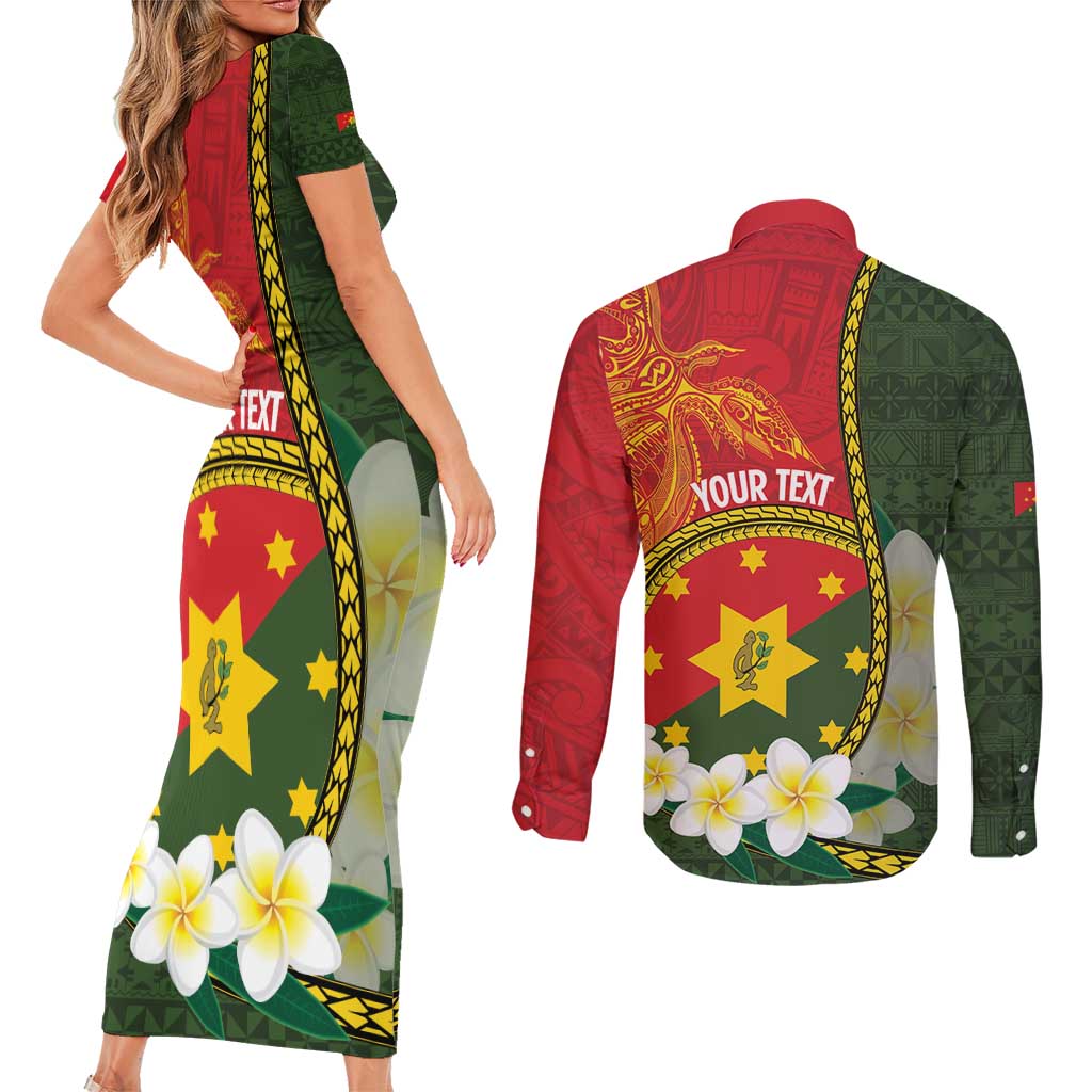 Personalised PNG Isten Hailans Provins Couples Matching Short Sleeve Bodycon Dress and Long Sleeve Button Shirt Papua New Guinea Plumeria Melanesian Pattern LT14 - Polynesian Pride