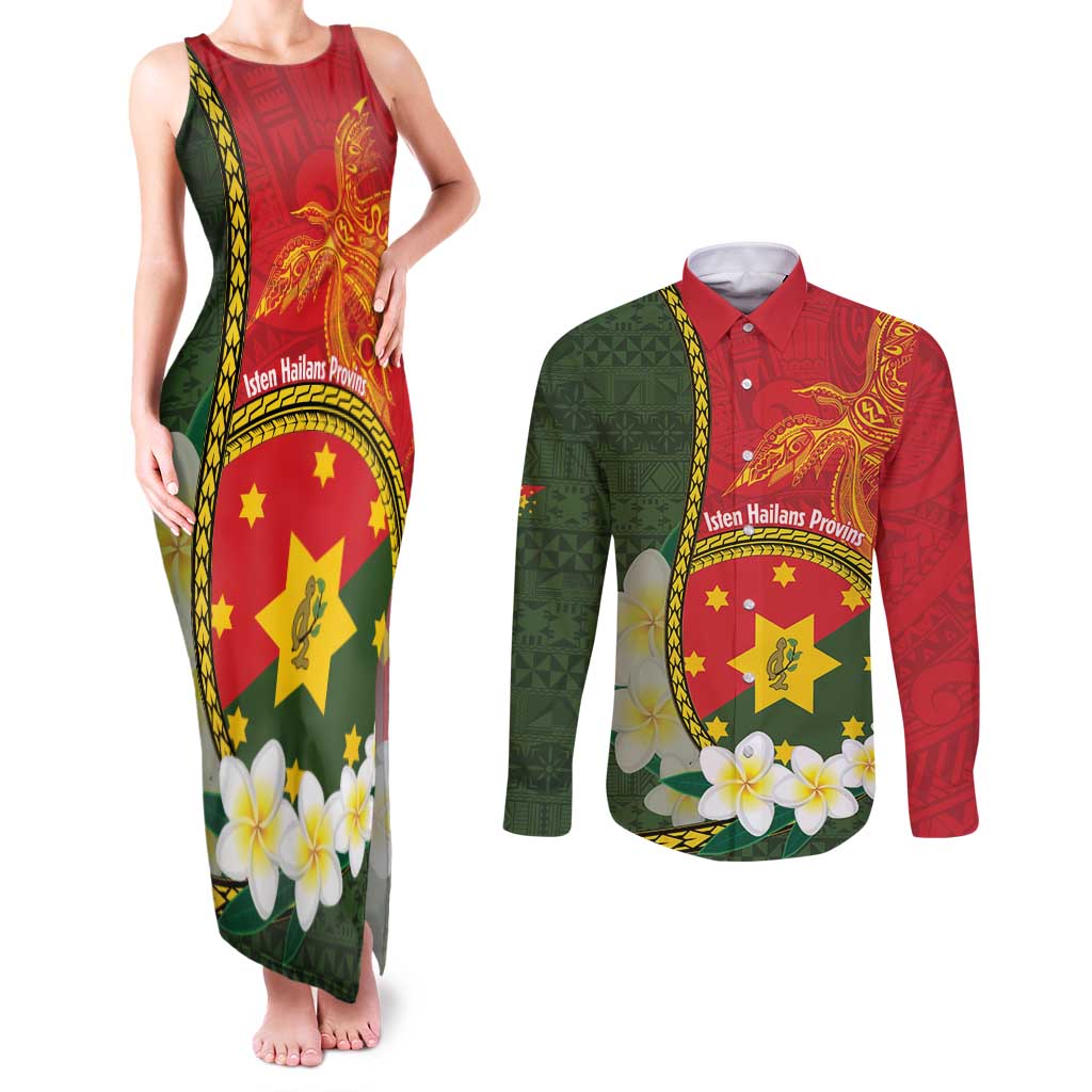 Personalised PNG Isten Hailans Provins Couples Matching Tank Maxi Dress and Long Sleeve Button Shirt Papua New Guinea Plumeria Melanesian Pattern - Polynesian Pride