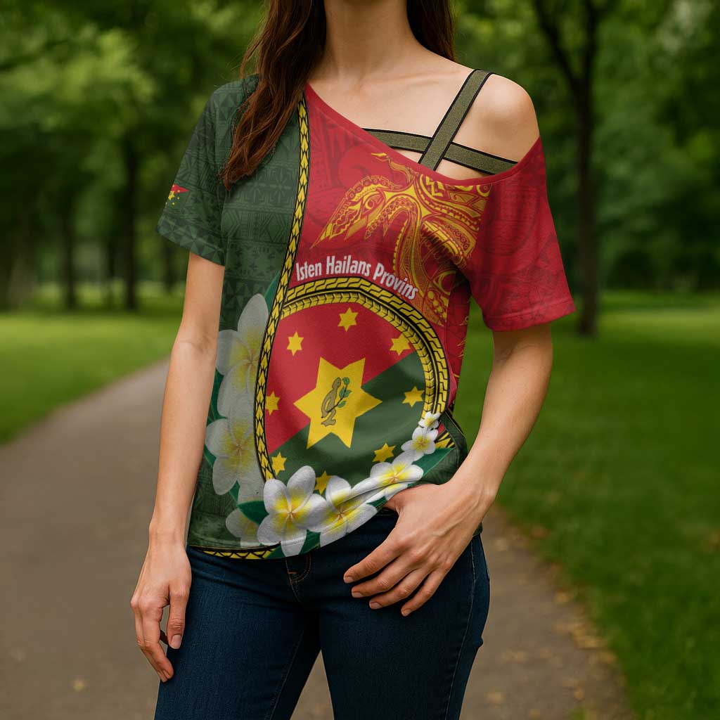 Personalised PNG Isten Hailans Provins Cross Shoulder Shirt Papua New Guinea Plumeria Melanesian Pattern - Polynesian Pride