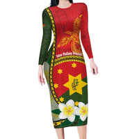 Personalised PNG Isten Hailans Provins Family Matching Long Sleeve Bodycon Dress and Hawaiian Shirt Papua New Guinea Plumeria Melanesian Pattern LT14 Mom's Dress Green - Polynesian Pride