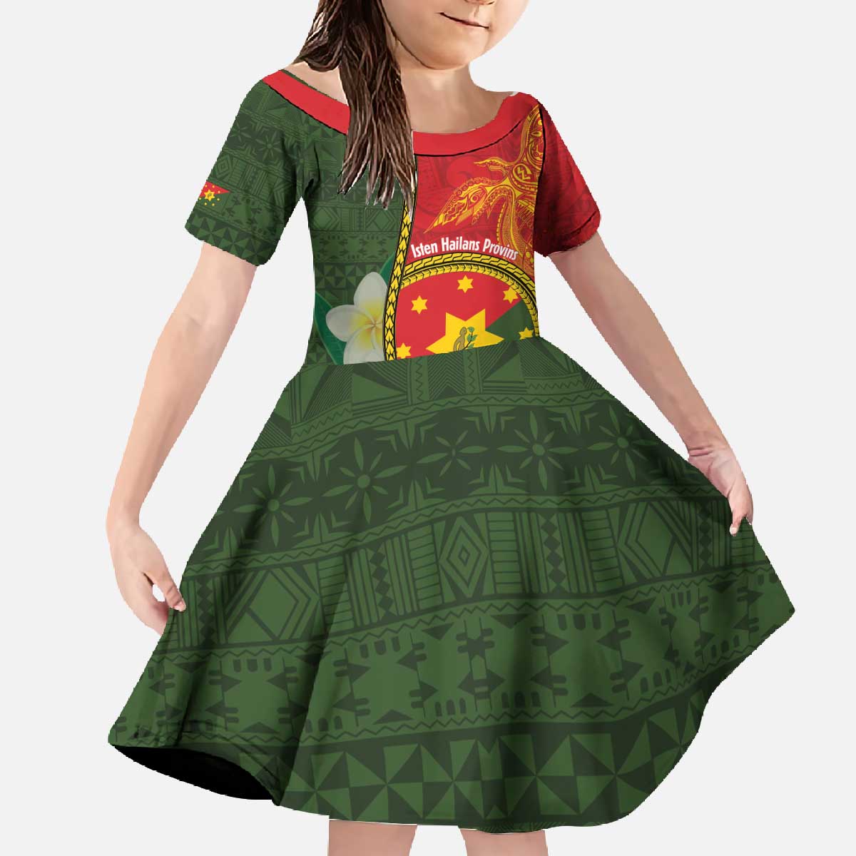 Personalised PNG Isten Hailans Provins Family Matching Off The Shoulder Long Sleeve Dress and Hawaiian Shirt Papua New Guinea Plumeria Melanesian Pattern LT14 Daughter's Dress Green - Polynesian Pride