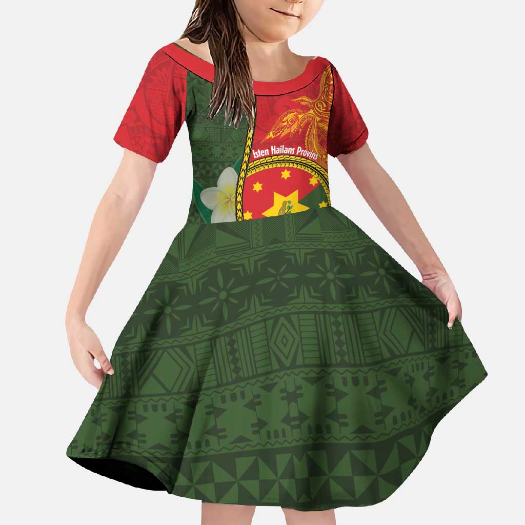 Personalised PNG Isten Hailans Provins Family Matching Off Shoulder Maxi Dress and Hawaiian Shirt Papua New Guinea Plumeria Melanesian Pattern LT14 Daughter's Dress Green - Polynesian Pride
