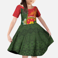 Personalised PNG Isten Hailans Provins Family Matching Off Shoulder Maxi Dress and Hawaiian Shirt Papua New Guinea Plumeria Melanesian Pattern LT14 Daughter's Dress Green - Polynesian Pride