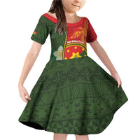 Personalised PNG Isten Hailans Provins Family Matching Off Shoulder Short Dress and Hawaiian Shirt Papua New Guinea Plumeria Melanesian Pattern LT14 Daughter's Dress Green - Polynesian Pride