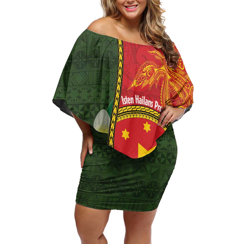 Personalised PNG Isten Hailans Provins Family Matching Off Shoulder Short Dress and Hawaiian Shirt Papua New Guinea Plumeria Melanesian Pattern LT14 Mom's Dress Green - Polynesian Pride